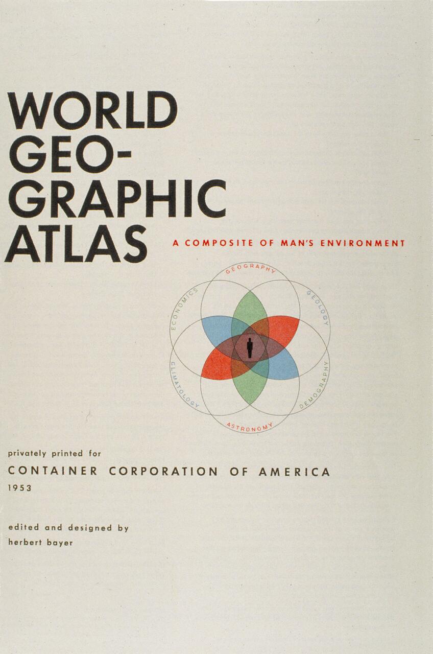World Geographic Atlas cover, featuring bold black and red text on a cream background, with overlapping colored circles labeled with different sciences, and a central silhouette of a person.