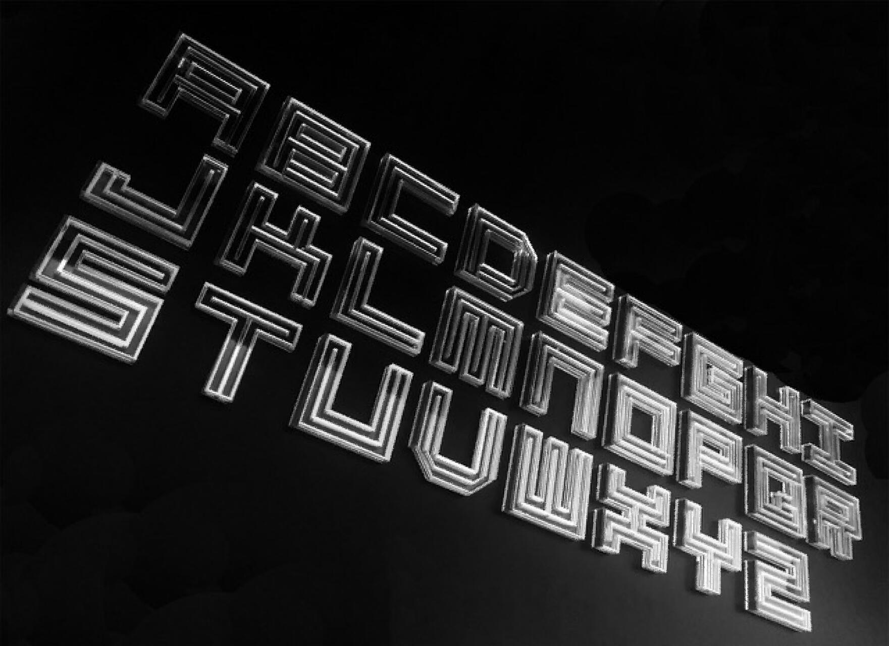 Stylized 3D alphabet letters on a dark background, arranged diagonally with a metallic, layered appearance.