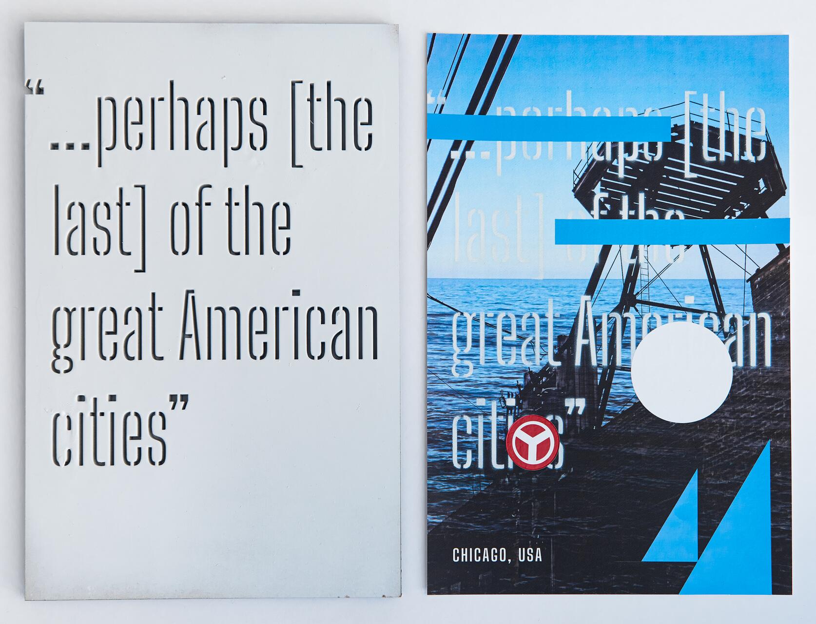 Two side-by-side covers featuring layered text over a black and white industrial scene with a blue sky. The left cover has a plain gray background with cut-out text. The right cover shows part of a ship and water, incorporating blue geometric elements and "Chicago, USA" text.
