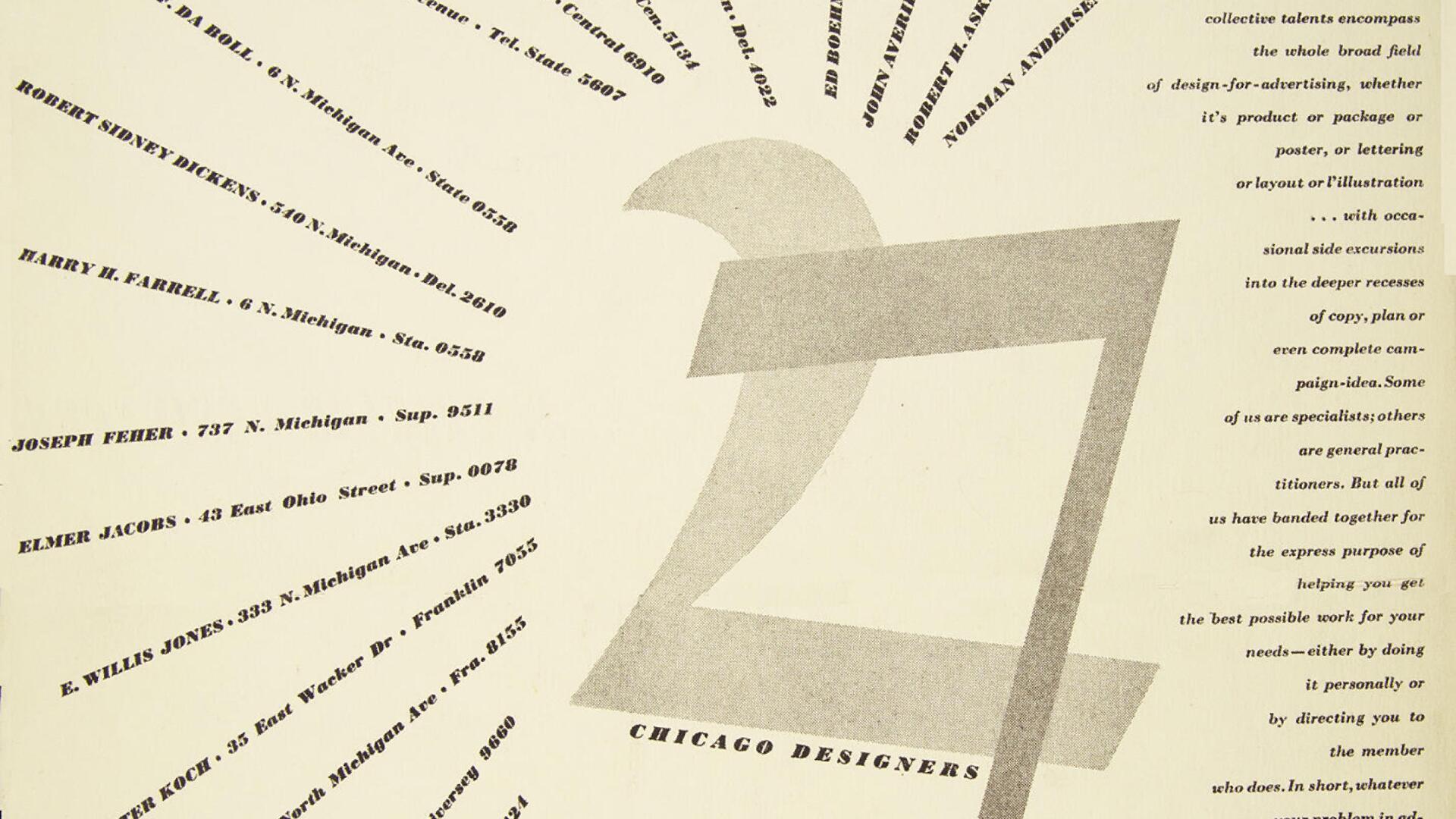 Vintage graphic with radial text listing names and addresses, centering around a large stylized number 27 on a beige background. The text reads "Chicago Designers" below the number.