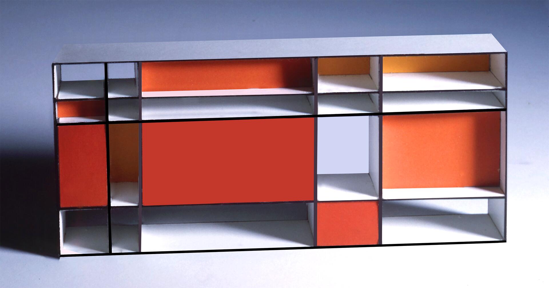 Rectangular shelving model with various compartments, featuring red, orange, and white panels against a gray background.