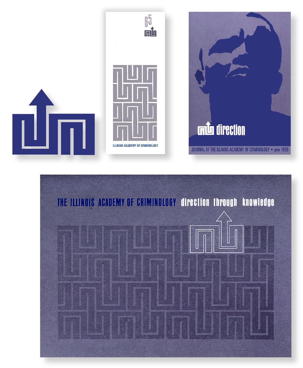 Blue design features abstract geometric patterns and a stylized arrow symbol, used in various layouts for the Illinois Academy of Criminology's materials, including a journal cover and promotional items.
