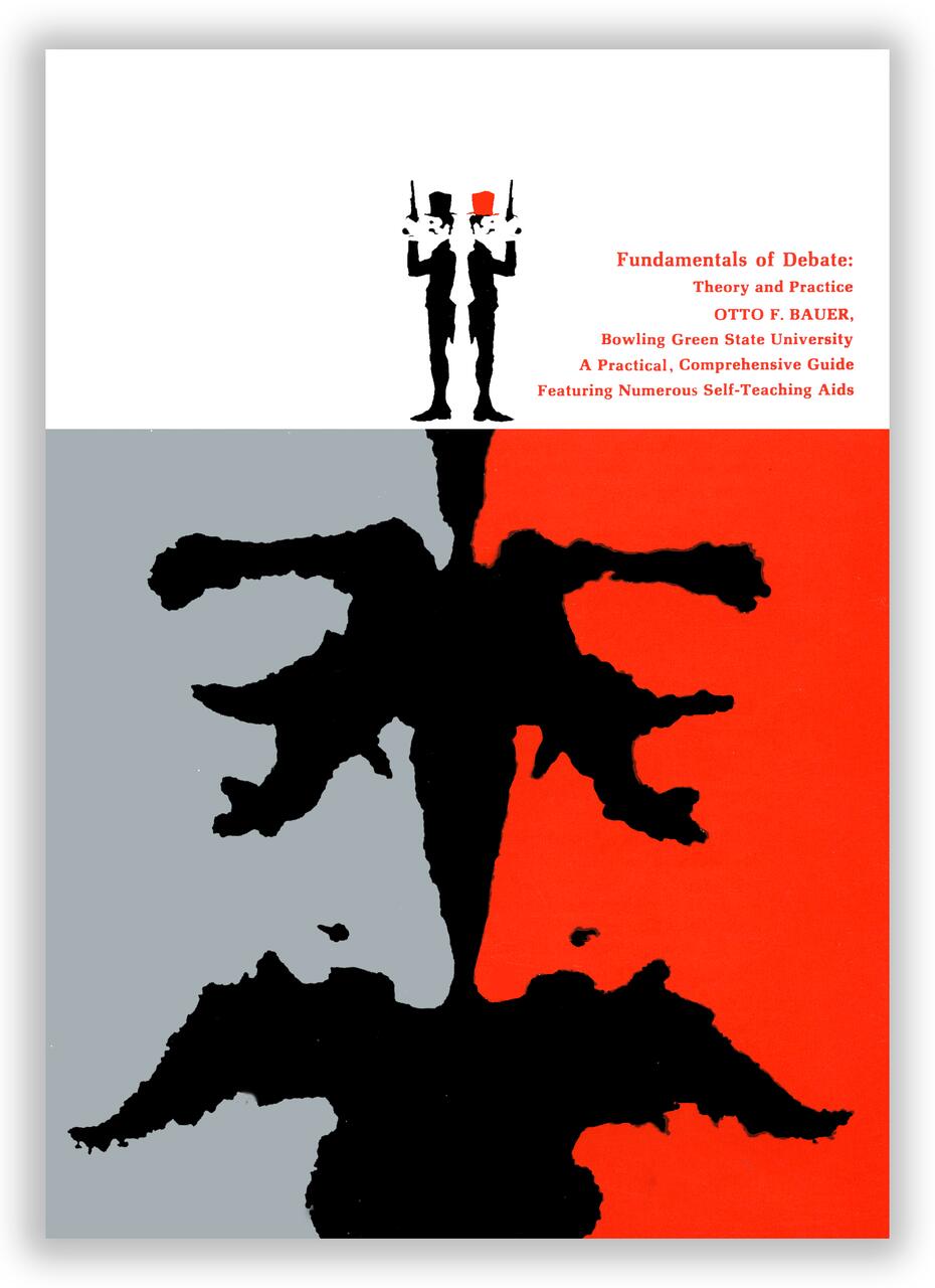 A stylized graphic of two silhouettes back-to-back, holding megaphones, with mirrored reflections below. The top half is black on white, and the bottom half is a mirrored black silhouette on gray and red.