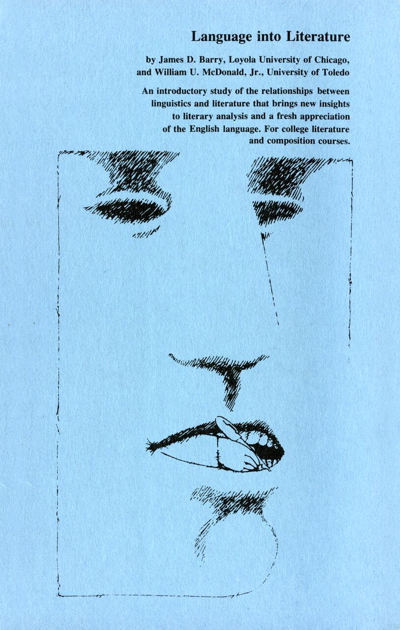Abstract sketch of a face with a butterfly on the lips, set against a light blue background. Text at the top describes a book titled "Language into Literature" by James D. Barry and William U. McDonald, Jr.