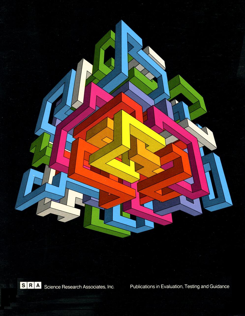 Colorful geometric 3D shapes interlocking in a complex pattern against a black background.