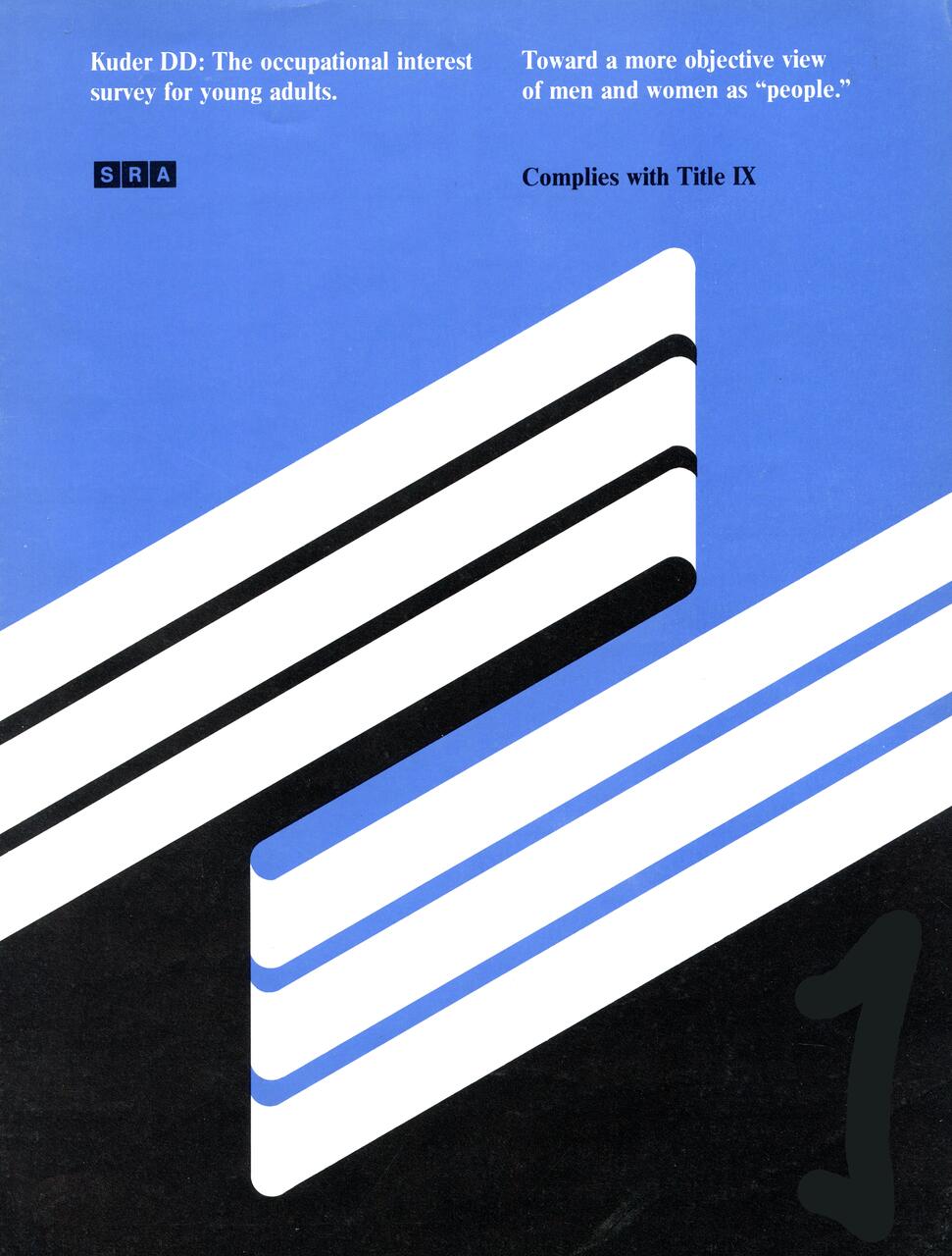 Blue and black geometric design with white diagonal stripes. Text about an occupational interest survey and compliance with Title IX.