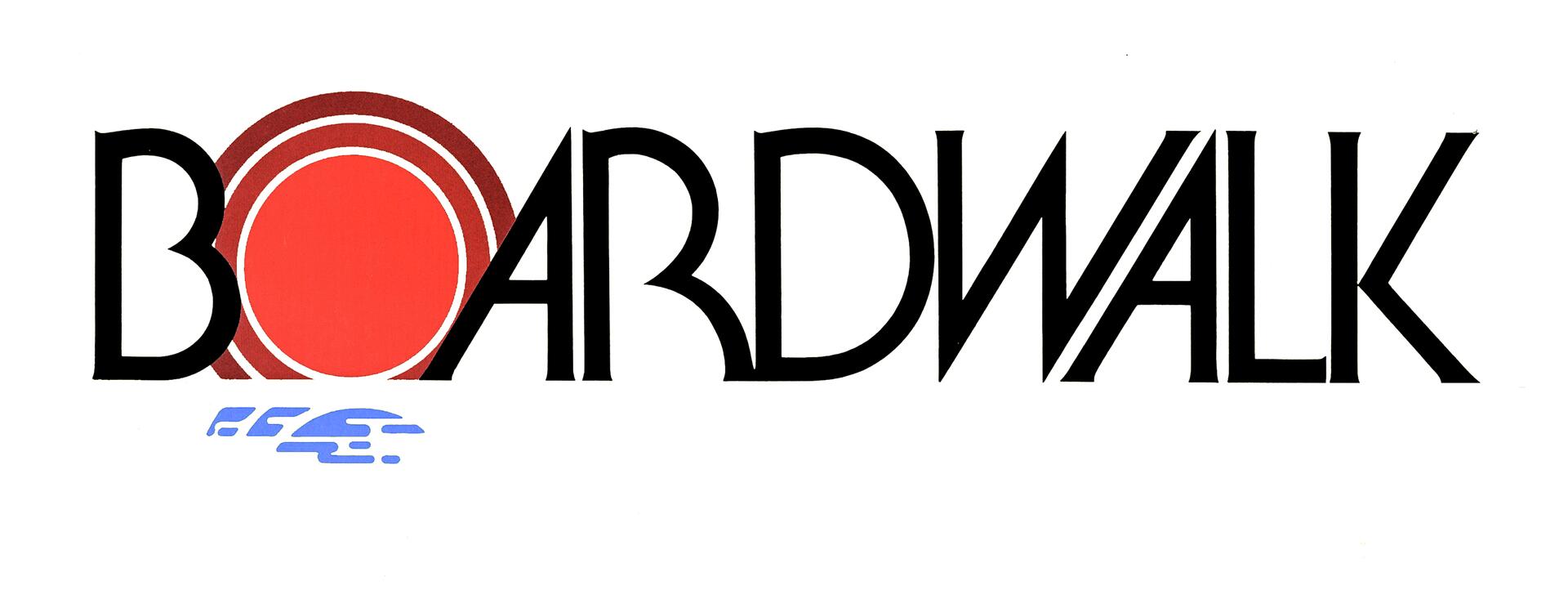 "BOARDWALK" logo with "O" as a red circle, surrounded by concentric rings, and stylized blue wave beneath.