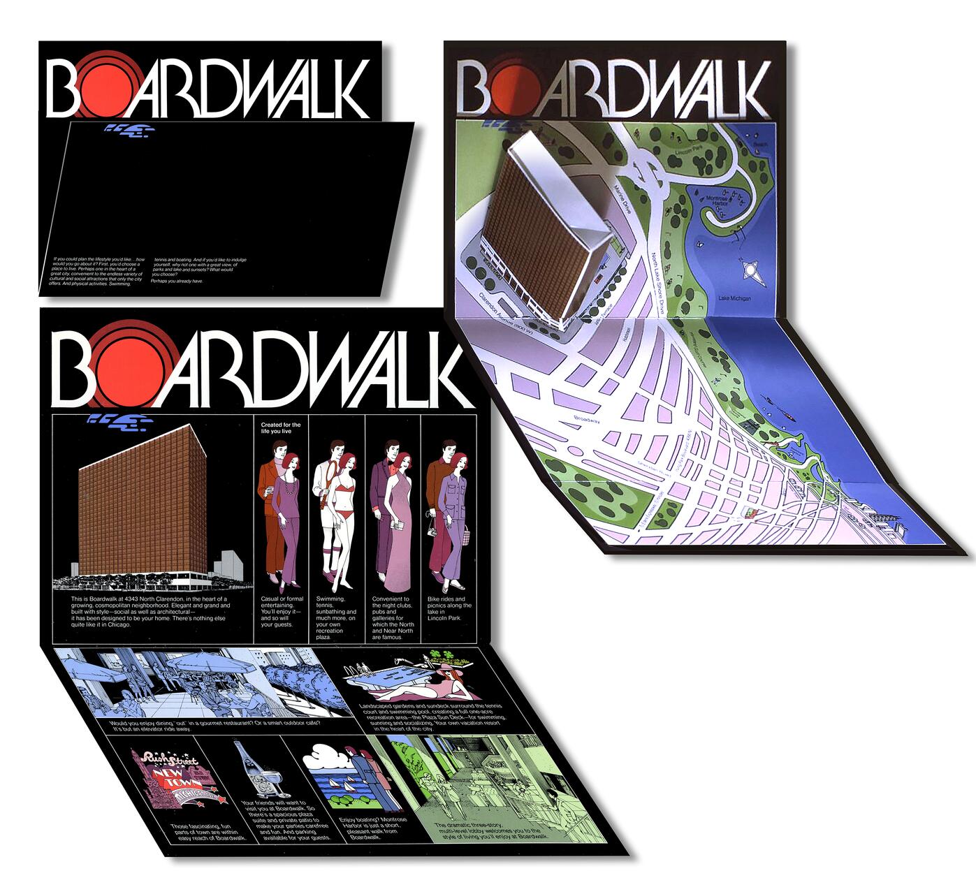 Stylized brochure with "Boardwalk" text, featuring illustrations of a modern high-rise building, elegantly dressed people, and a stylized map showing proximity to Lake Michigan and parkland, evoking a luxurious lifestyle.