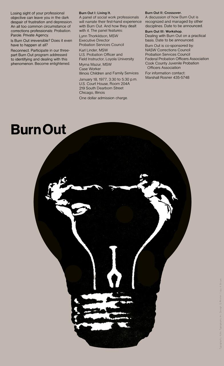Poster titled "Burn Out" features a large black lightbulb shape with white silhouettes inside resembling parts of Michelangelo’s The Creation of Adam, against a gray background. Text describes an event about addressing professional burnout in correctional services.