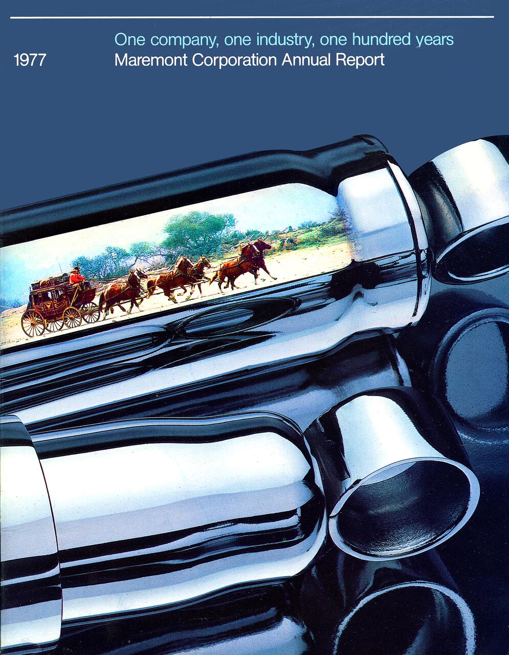 1977 Maremont Corporation Annual Report cover featuring artwork of a stagecoach drawn by horses, reflected in shiny chrome automotive parts against a blue background.