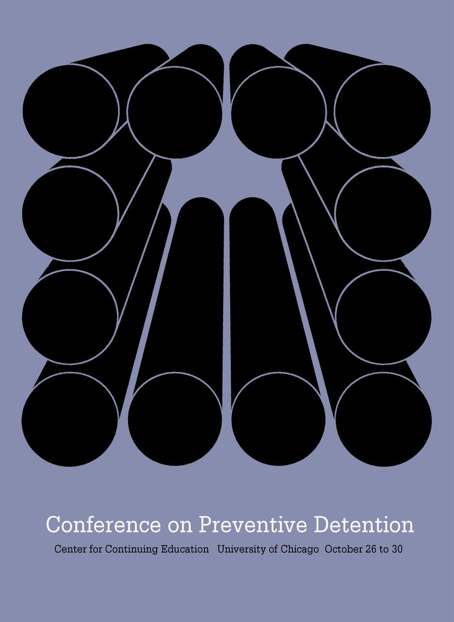 Abstract graphic of black cylindrical shapes forming a semi-circle on a light purple background. Text beneath mentions a conference on preventive detention at the University of Chicago.