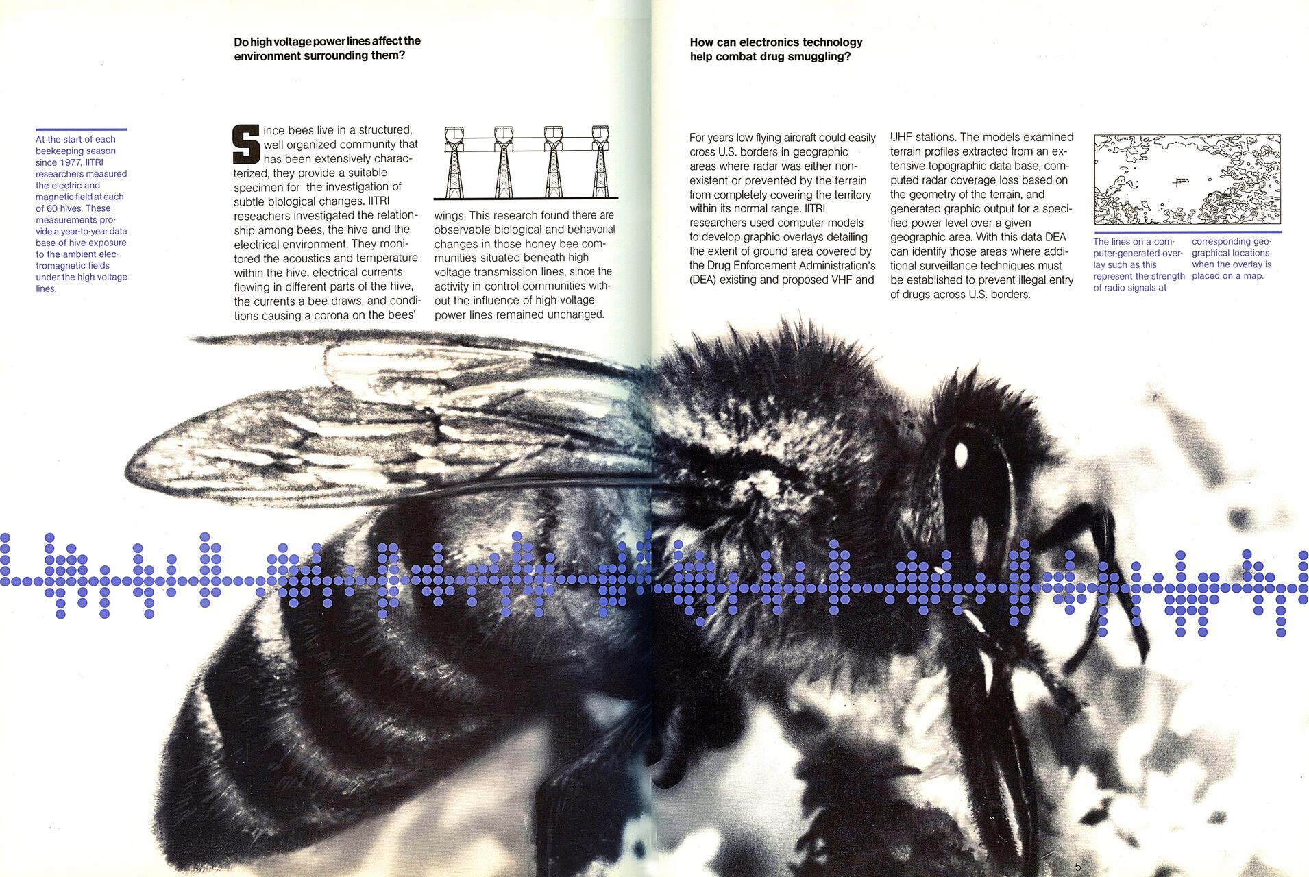 Large black-and-white close-up of a bee with blue waveform overlay, surrounded by scientific text discussing the effects of high-voltage power lines on bees and electronics technology in drug smuggling prevention. Diagram of transmission towers and terrain map included.