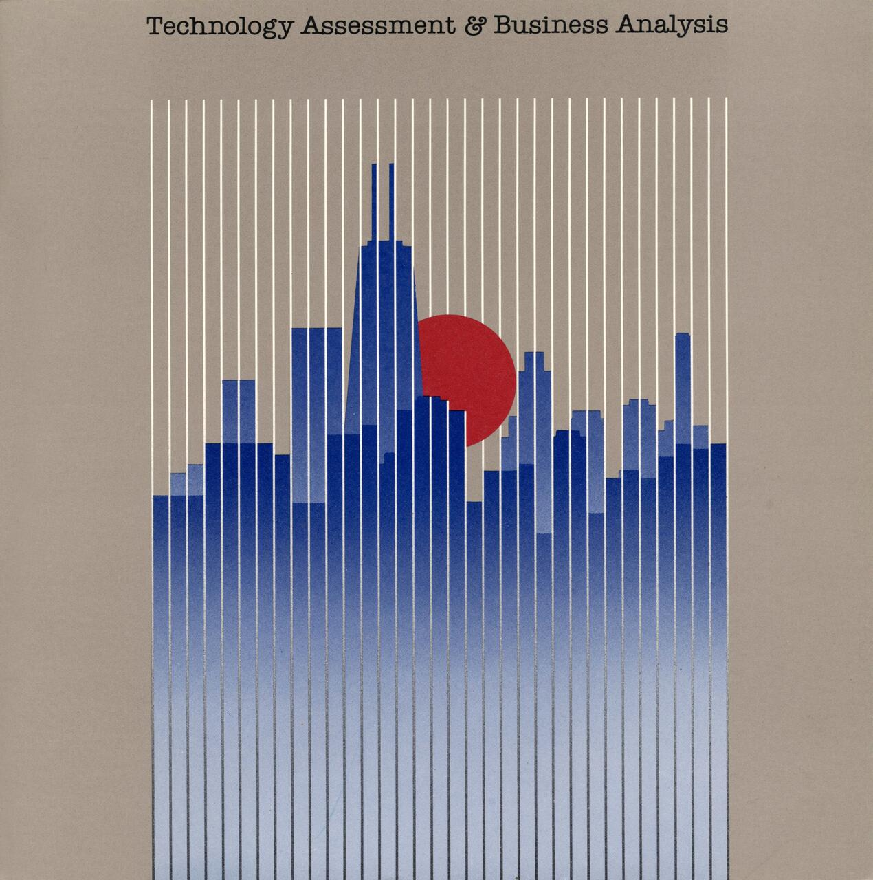 Graphic of a city skyline in blue and white vertical lines, with a red sun setting behind. Beige background with the text “Technology Assessment & Business Analysis” at the top.