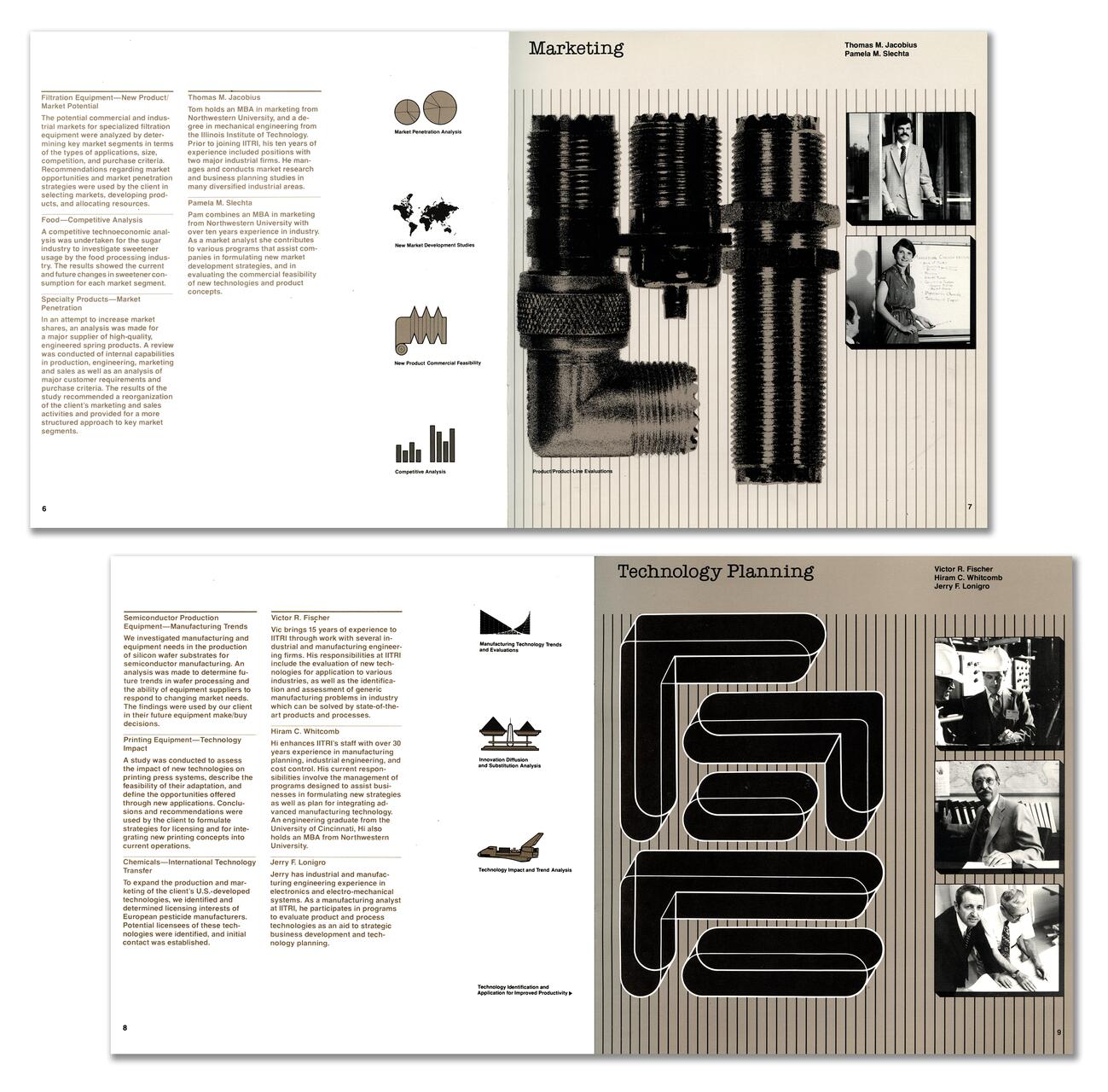 Two pages of a book layout, one titled "Marketing" with pipe graphics and business people, and the other "Technology Planning" featuring a geometric design and small photos of professionals. Diagrams and text accompany both pages.