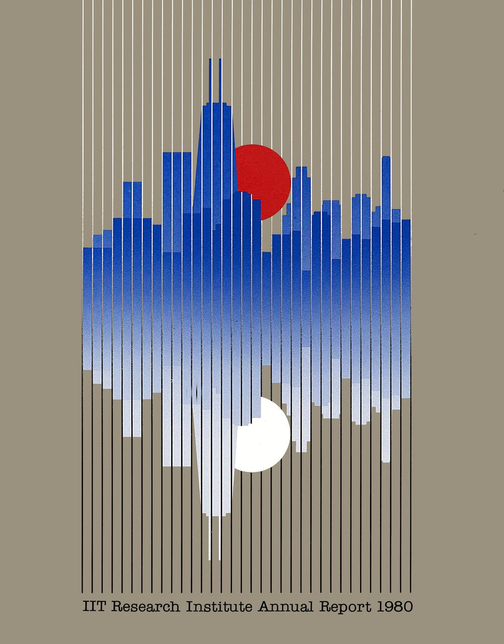 Graphic of a stylized city skyline with blue skyscrapers against a khaki background, intersected by vertical white lines. A red circle sits behind, resembling a sun, and a white circle below, resembling a moon.