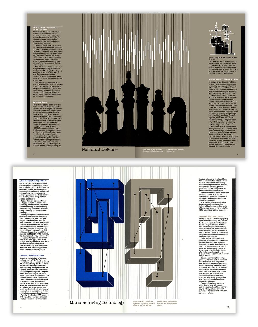 Two-page magazine layout showing graphics and text. Top page features chess pieces silhouetted against a white bar graph labeled "National Defense." Bottom page displays abstract blue and gray 3D shapes with connecting lines labeled "Manufacturing Technology."