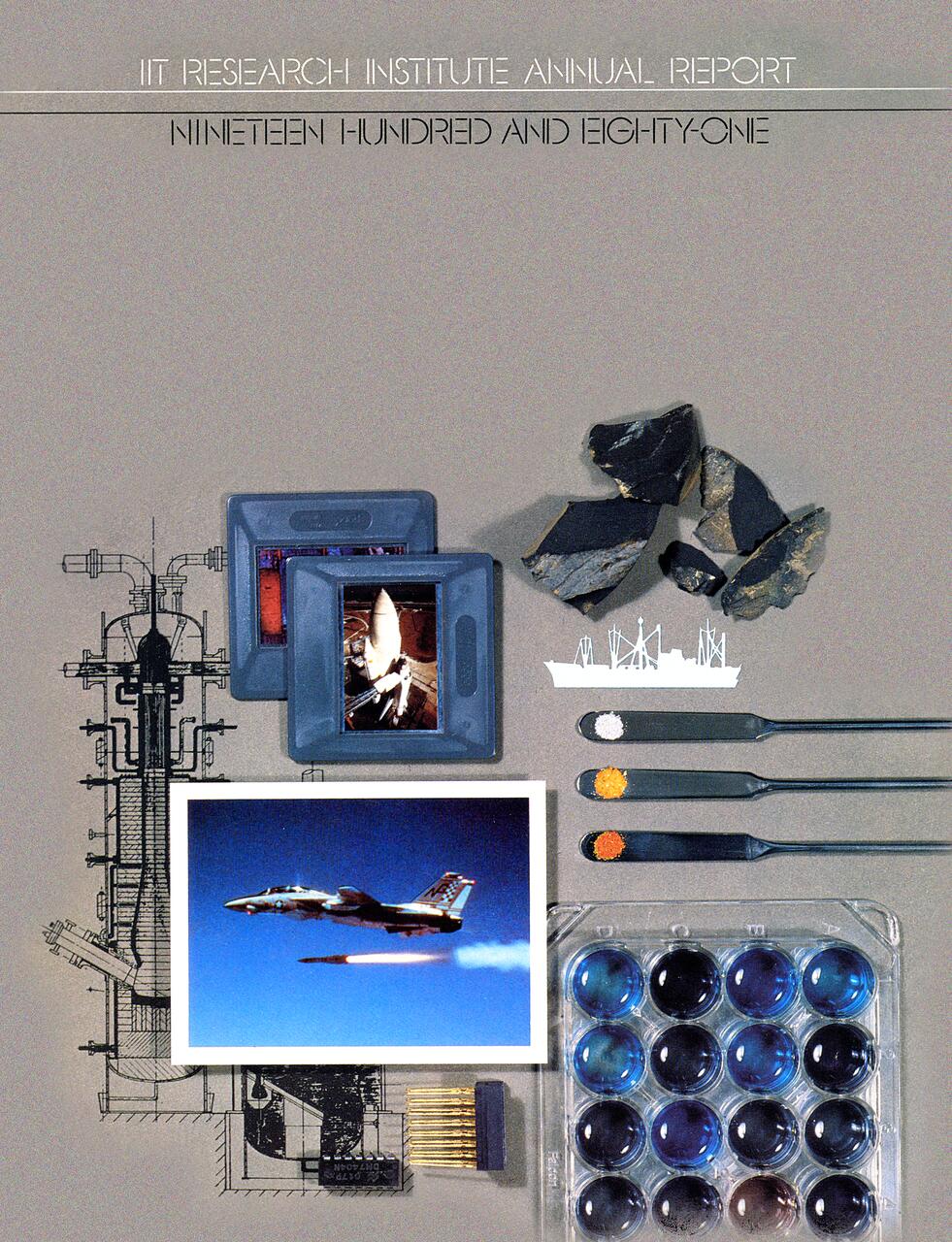 Collage of scientific images and items, including a photo of a jet firing a missile, film slides showing a space shuttle, rock samples, test tubes with colored powders, a circuit diagram, and a microchip. The background is a technical drawing.