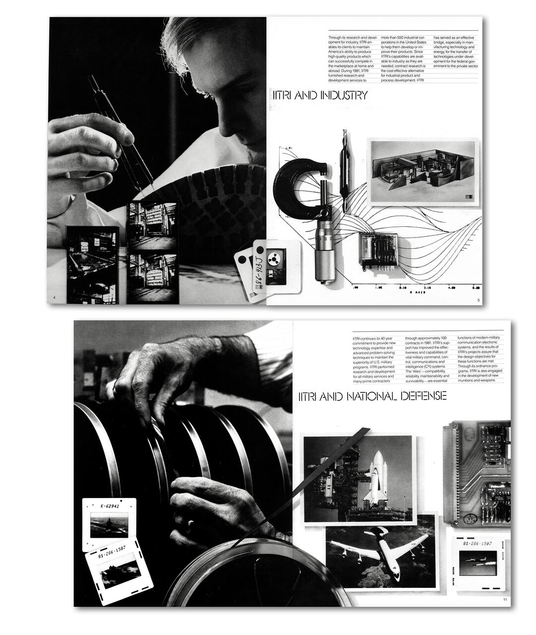 Black and white collage depicting ITRI's industrial and defense contributions. Top: close-up of a person handling equipment, technical diagrams, and circuit boards. Bottom: hands on film reels, a rocket launch, and aerial military views, illustrating technology and innovation.