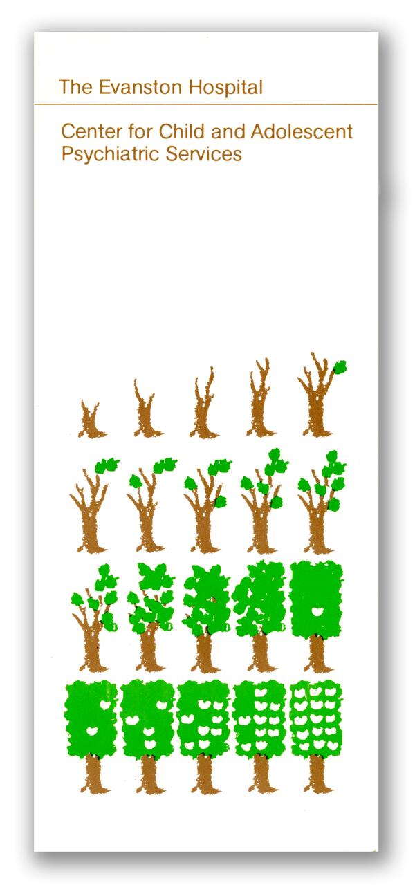 Brochure for The Evanston Hospital, Center for Child and Adolescent Psychiatric Services, featuring an illustration of stylized trees in varying stages of growth, from bare branches to full green foliage.