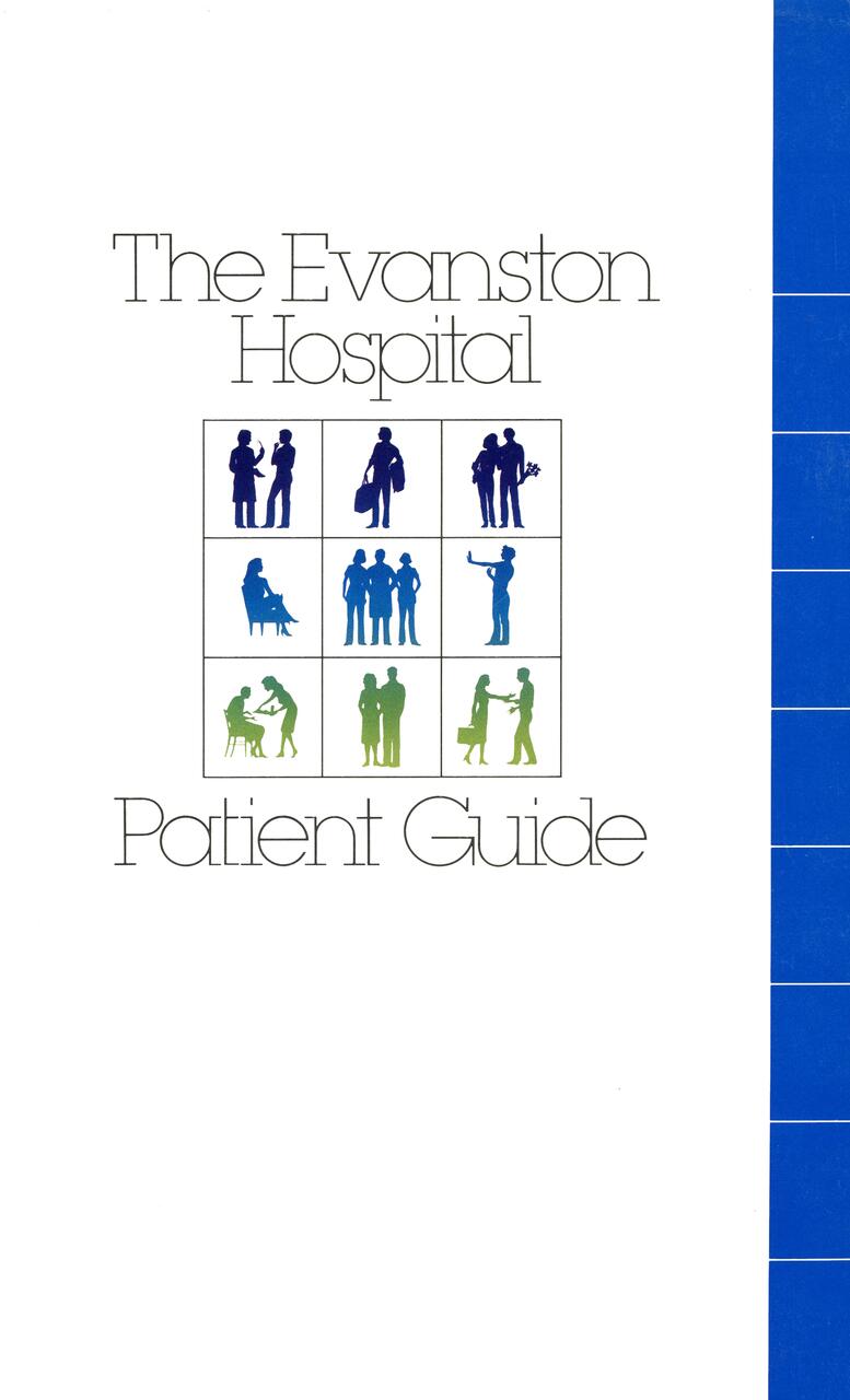 The Evanston Hospital Patient Guide cover featuring silhouettes of people in various poses within a grid, in blue and green hues. A blue vertical stripe is on the right side.