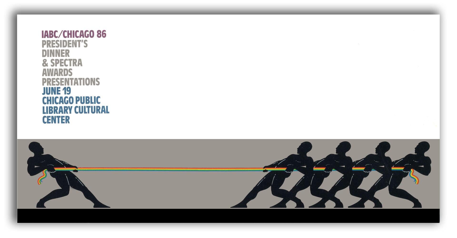 Silhouettes of five figures in a tug-of-war, pulling a rope with rainbow stripes, set against a gray background.