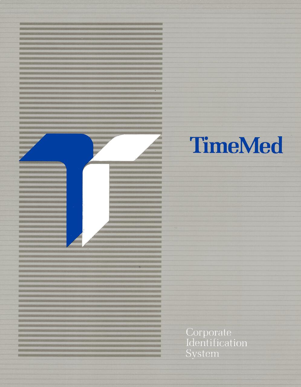 Logo on a gray striped background with stylized blue and white geometric shapes resembling a "T." The word "TimeMed" is in blue on the right.