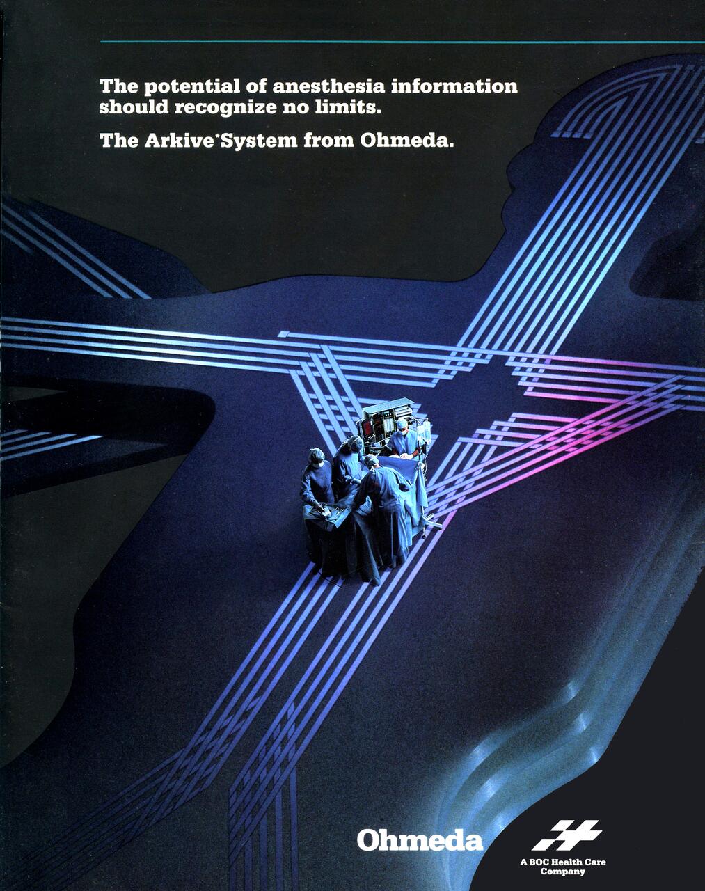 A group of surgeons in blue scrubs gathered around medical equipment on a dark, abstract background with blue and purple geometric lines. Logo for Ohmeda, a BOC Health Care Company, is visible.