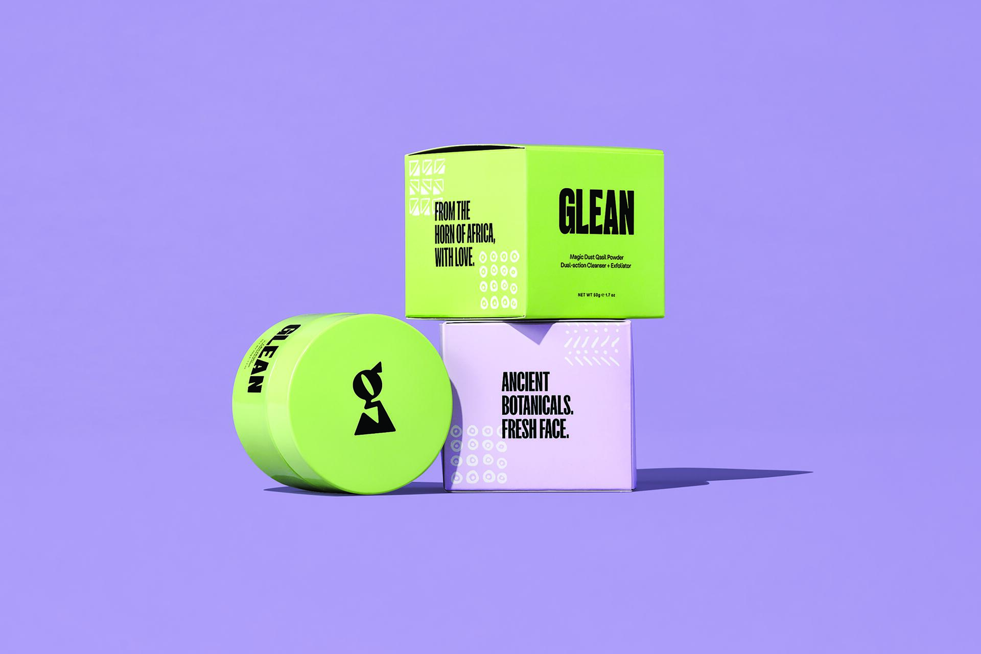 Bright green and purple skincare product packaging with modern typography on a purple background.