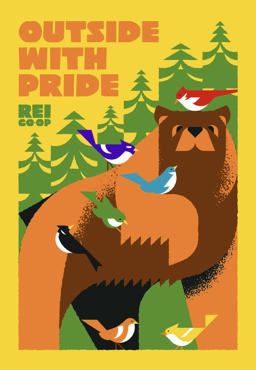 Illustrated bear surrounded by colorful birds in front of stylized green trees on a yellow background.