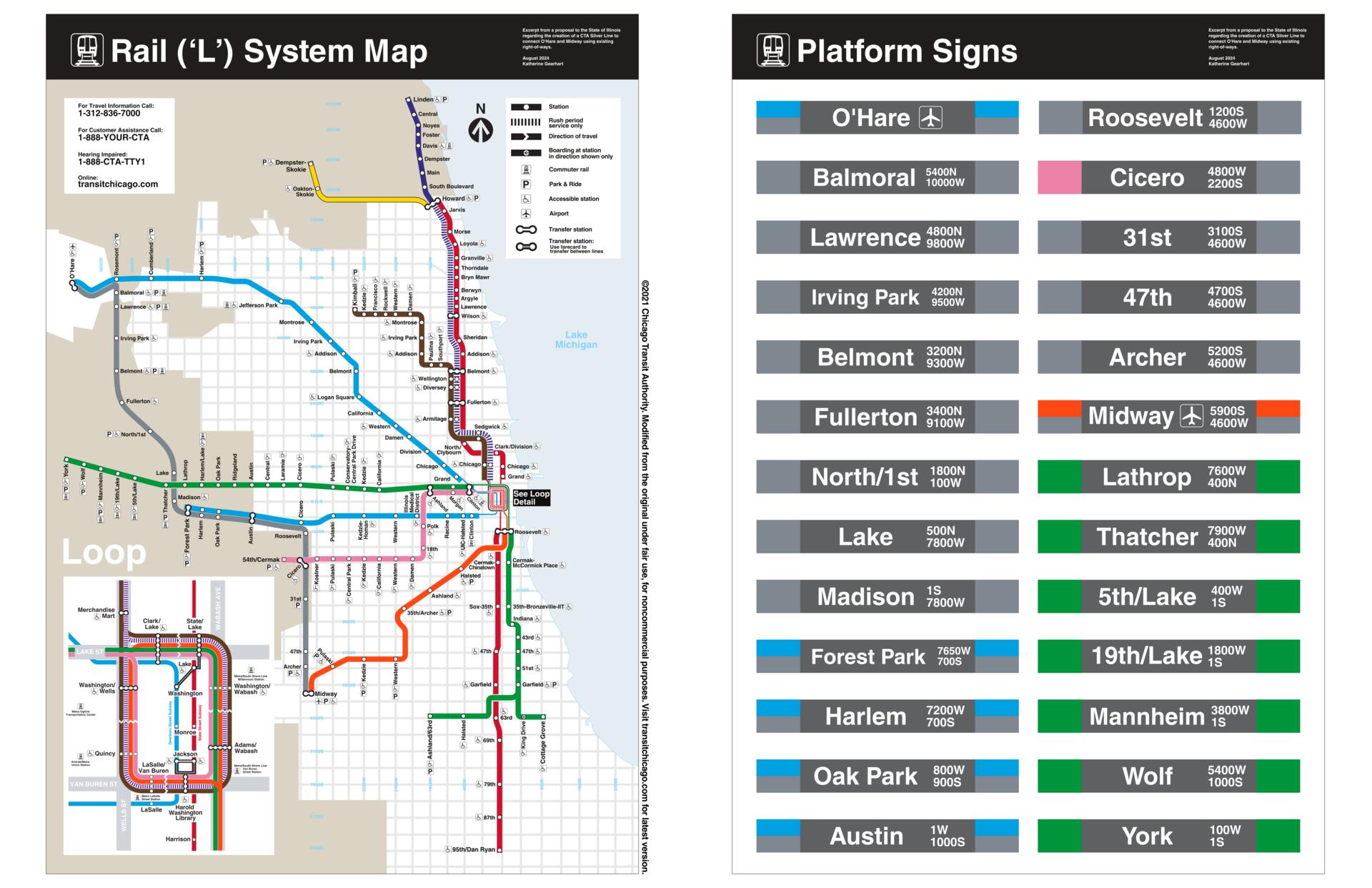 Chicago 'L' train system map showing different colored lines, stations, and their routes across the city. A side panel lists platform signs with station names and coordinates.