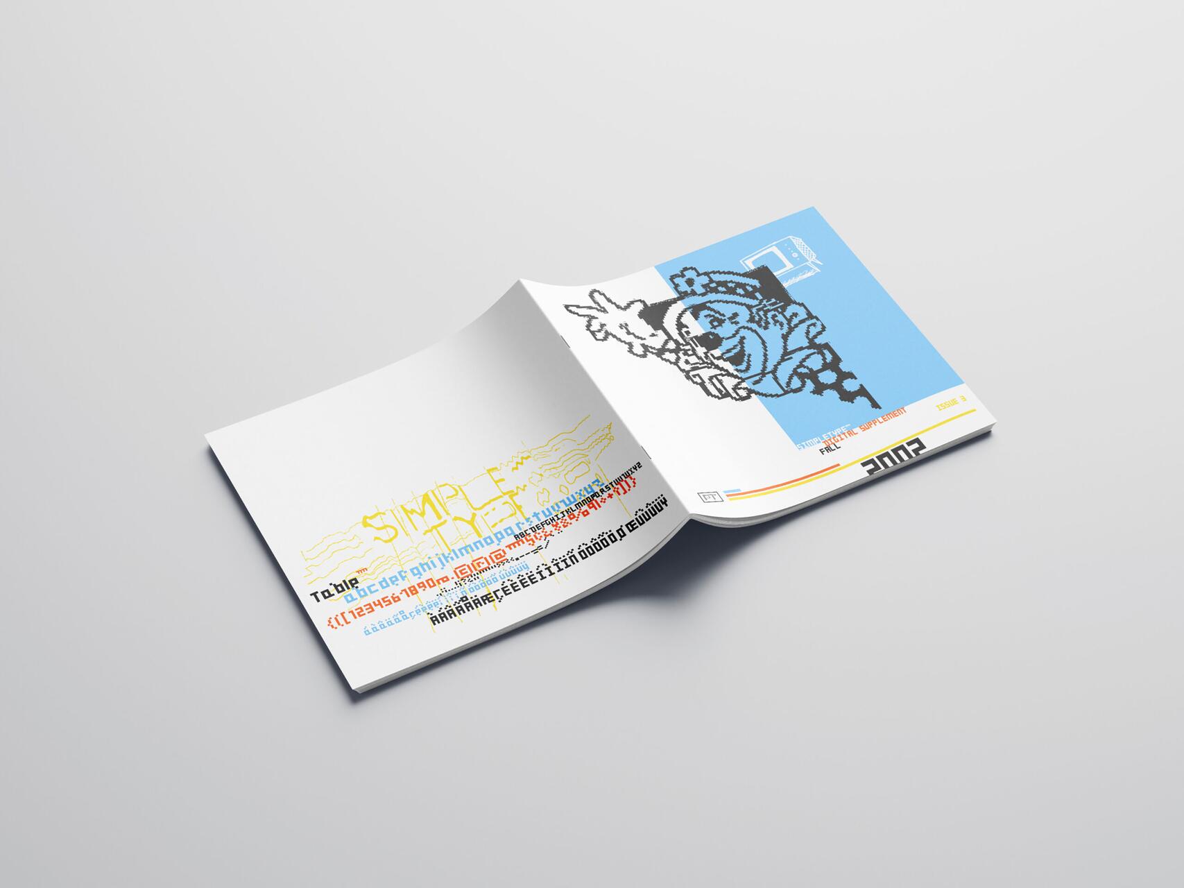 Open magazine with a stylized illustration of a clown on the right page against a blue background, and colorful, abstract typography on the left page.