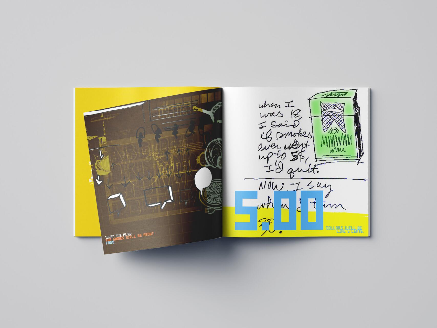 Open book with yellow and brown abstract graphics on the left page. The right page features handwritten text, a sketch of a cigarette vending machine with green details, and large blue numbers "500" over a white and yellow background.