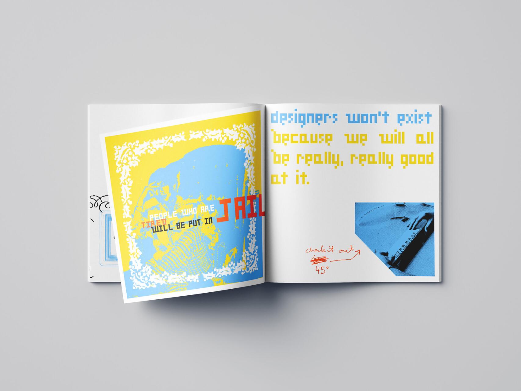 Open magazine spread with abstract art in yellow and blue on the left page, featuring playful text and a collage. The right page has blue and yellow pixelated text with a small blue-toned photo of hands using a ruler and red handwritten annotations.