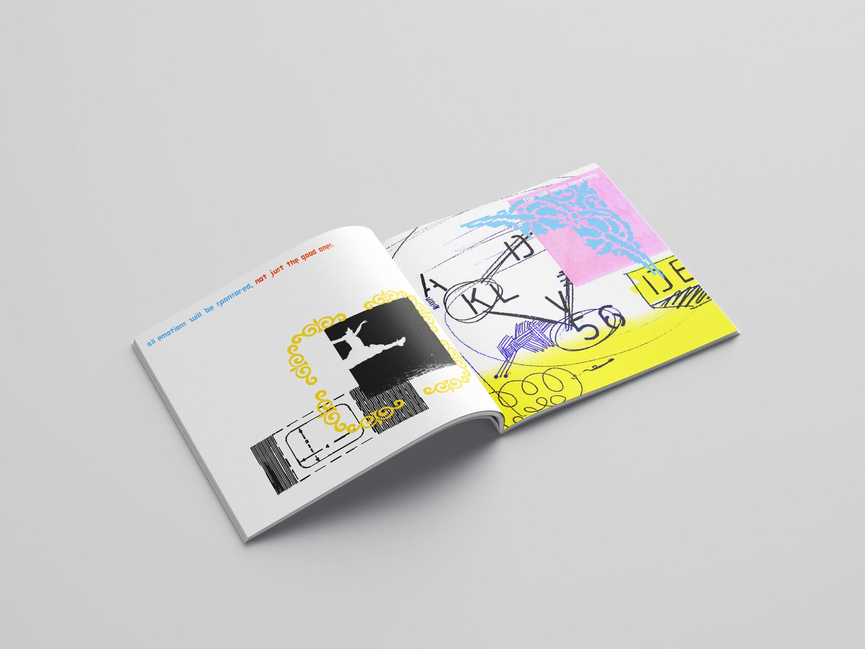 Open magazine showing abstract art and text, featuring a black and white silhouetted figure surrounded by yellow swirls on the left page, and colorful sketches on the right page filled with pink, blue, and yellow tones.