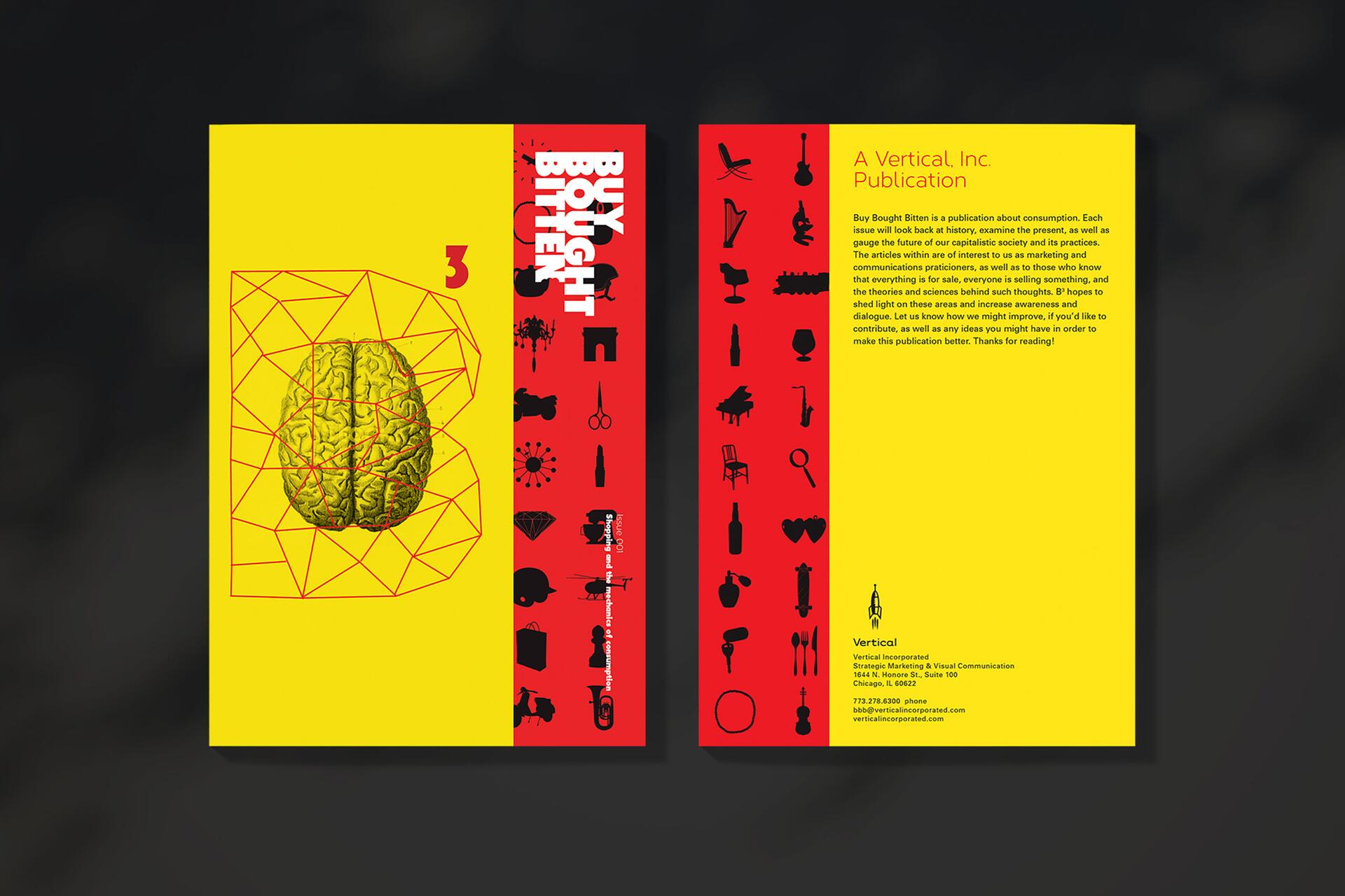 Magazine cover and back page with a geometric brain design on a yellow background, accompanied by the text "Buy Bought Bitten" on a red stripe with various black icons. The back includes publication details and text about the magazine's theme on consumption.