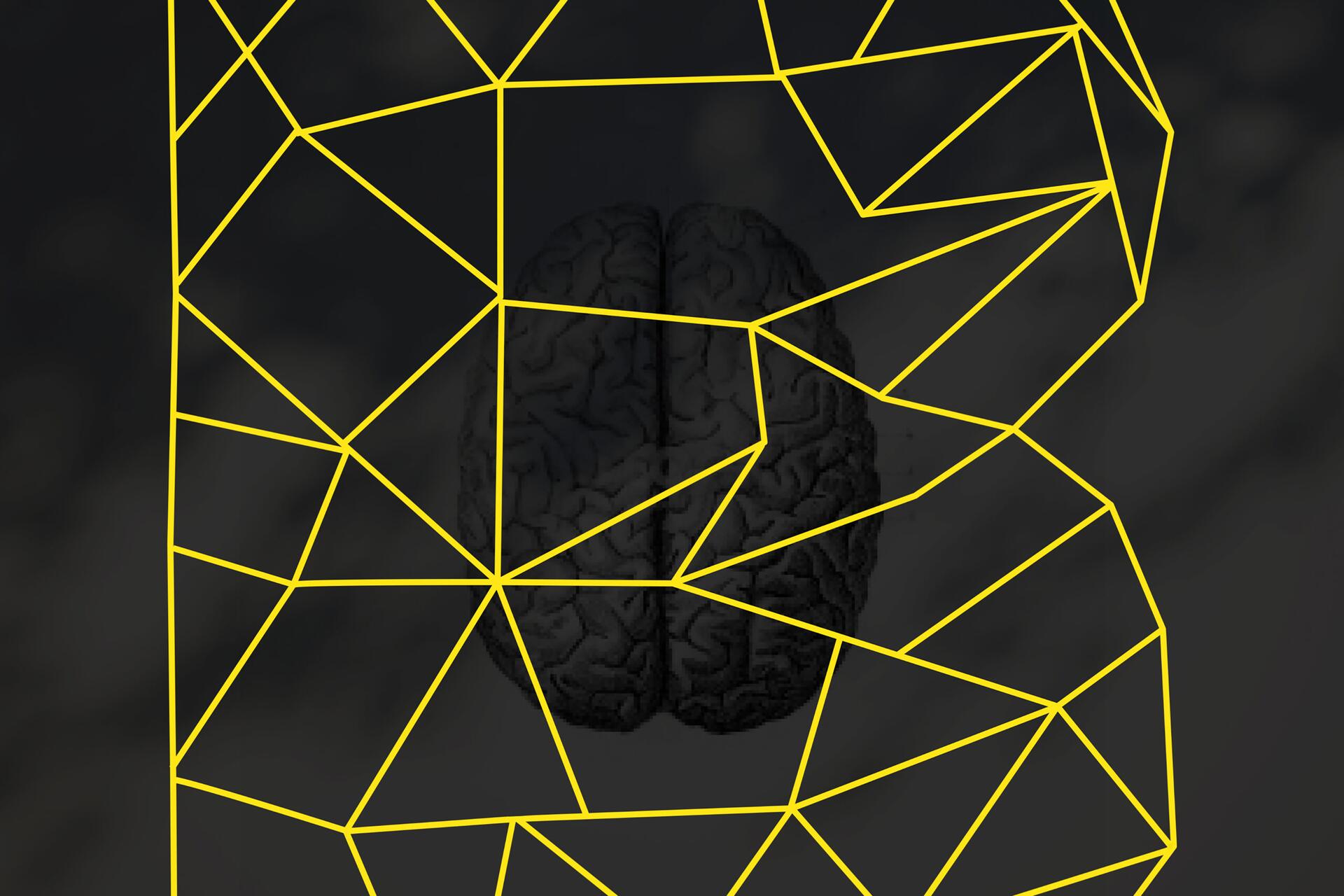 A brain graphic with yellow geometric lines overlaying a dark background.