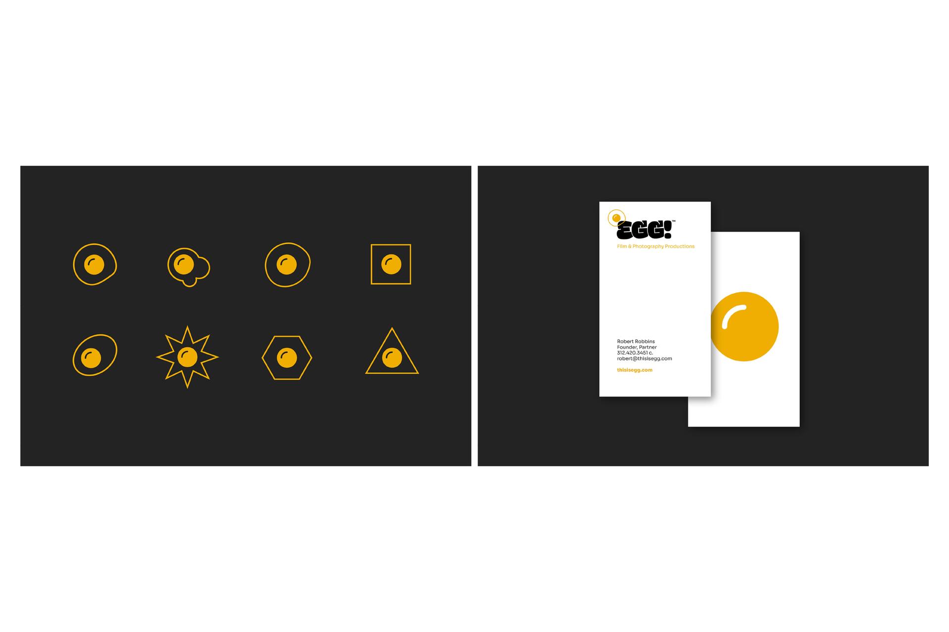 Yellow egg icons in various geometric shapes on a black background, alongside business cards for "Egg" film and photography productions, featuring contact details and a yellow egg logo.
