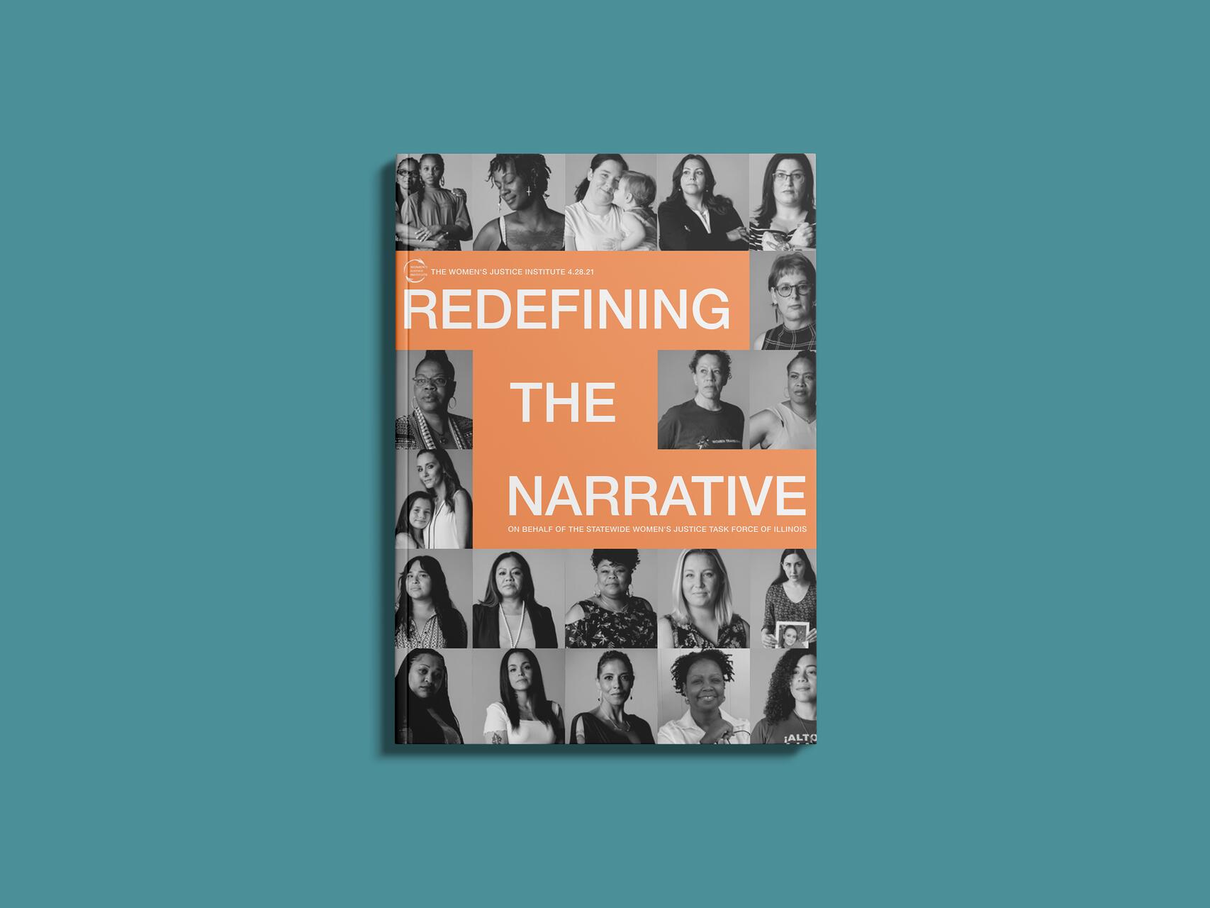 Book cover titled "Redefining the Narrative" from the Women's Justice Institute, featuring black-and-white photos of diverse women against an orange background.