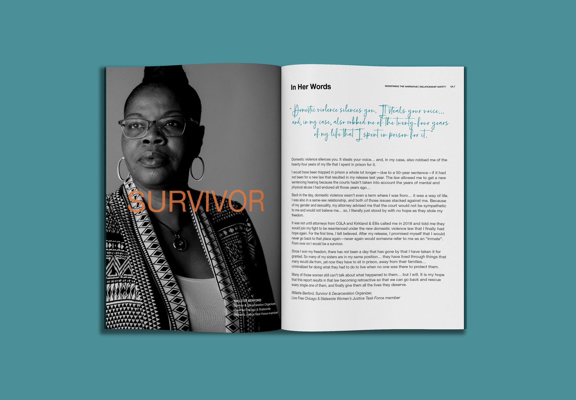 Magazine spread featuring a black-and-white photo of a woman wearing glasses and patterned clothing on the left page. The word "SURVIVOR" overlays the image. The right page contains an article titled "In Her Words" with handwritten and typed text, set against a teal background.