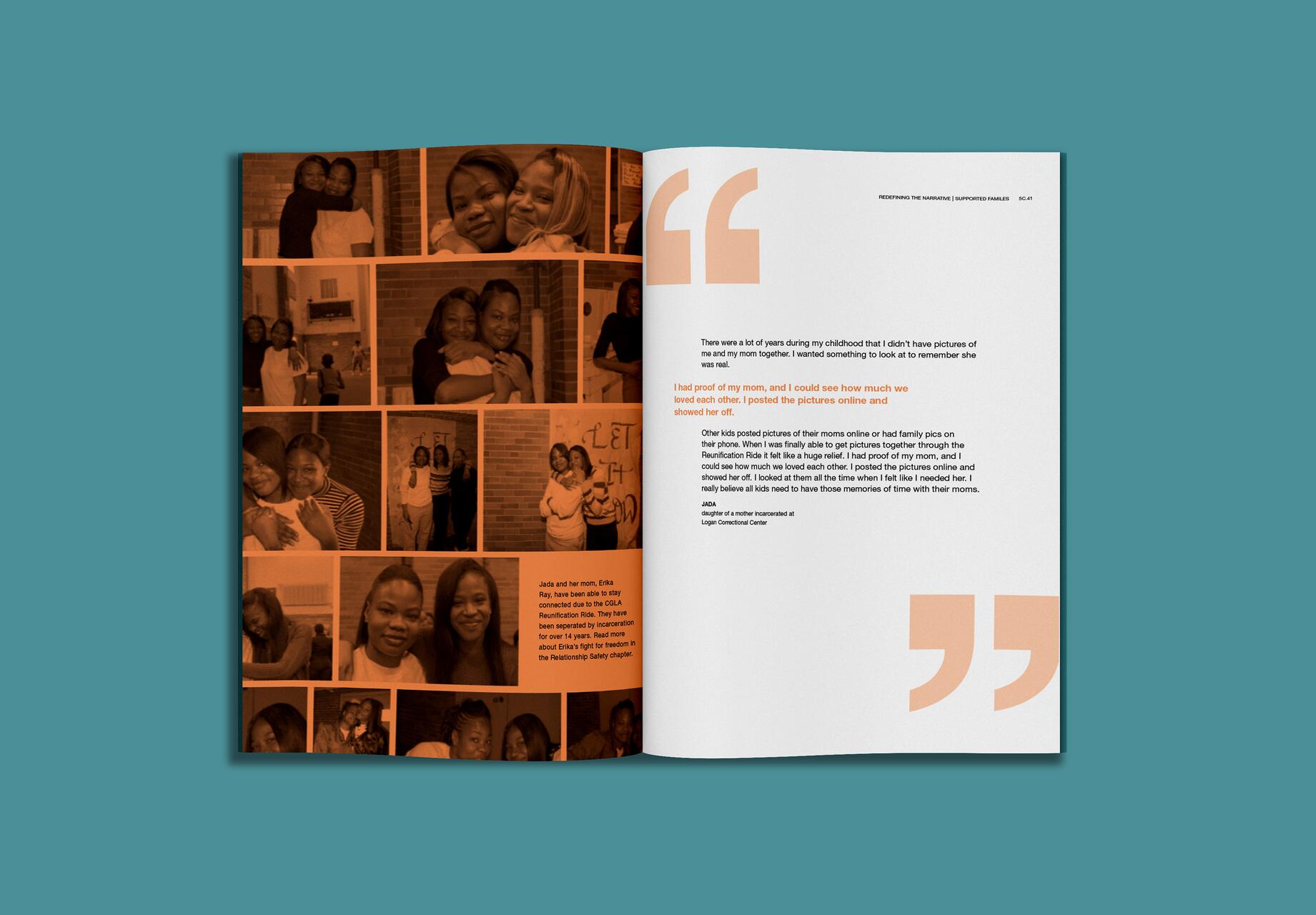 Magazine spread featuring a collage of sepia-toned photos of a woman and a young girl on the left page, smiling and embracing. The right page contains a story in black text, with a large orange quotation mark, emphasizing proof of love and memory through photos.