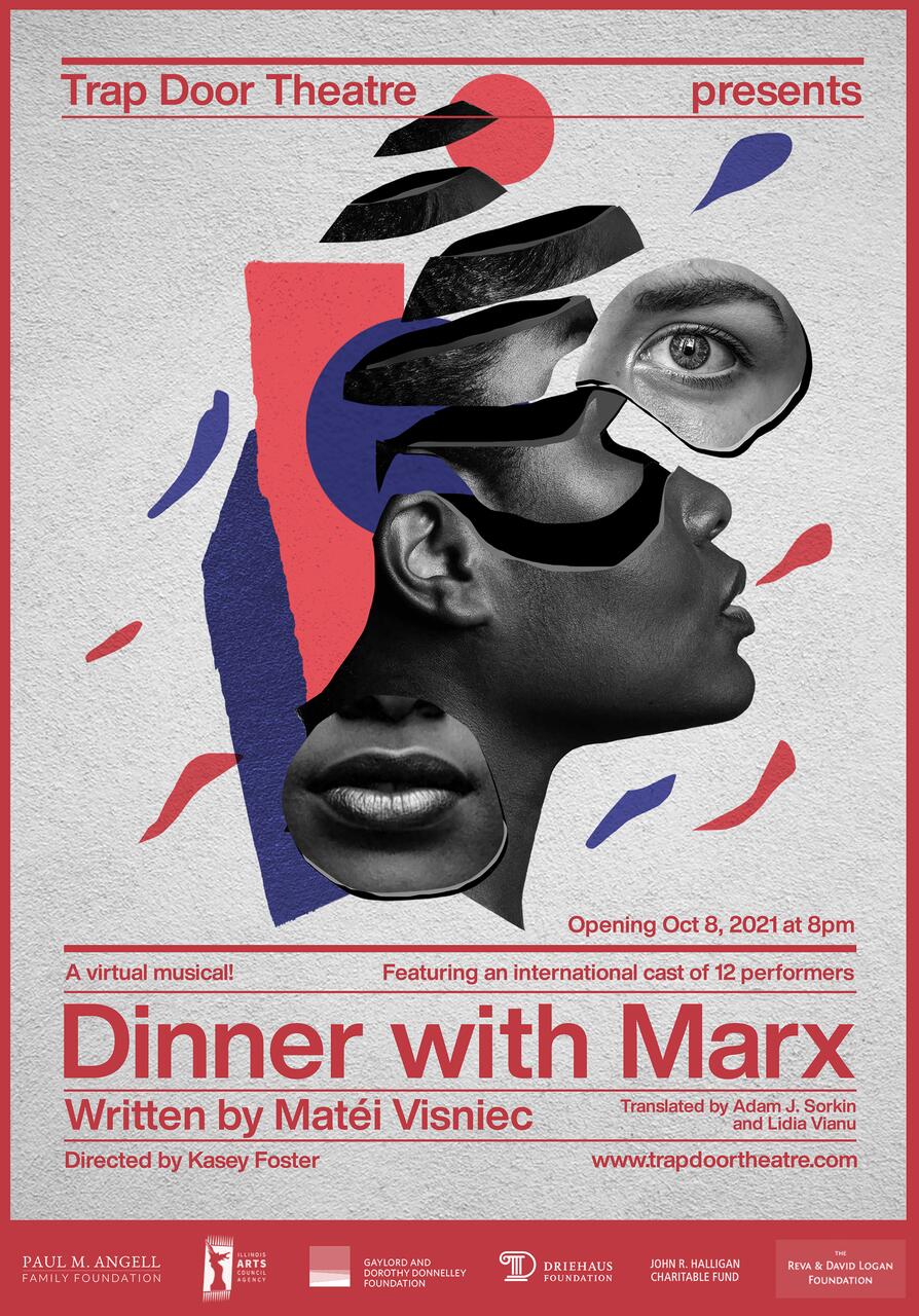 Collage of multiple faces and abstract shapes with red, blue, and black colors, forming a surreal portrait. The text highlights "Dinner with Marx," a theatrical production by Trap Door Theatre.