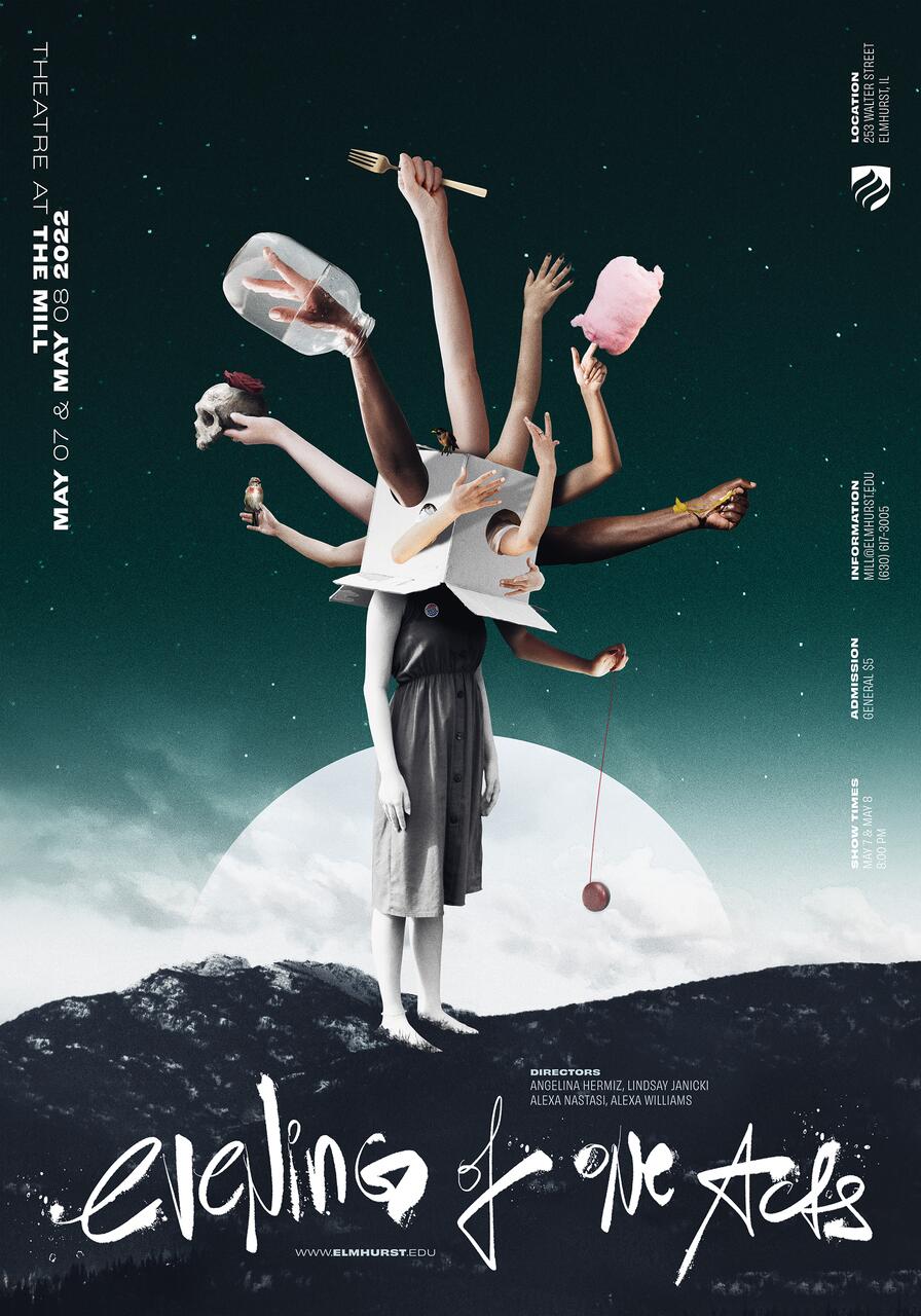A surreal graphic poster features a woman with a box on her head, standing in a moonlit landscape with multiple arms holding items like a fork, skull, and cotton candy. The sky is speckled with stars, adding a whimsical feel.
