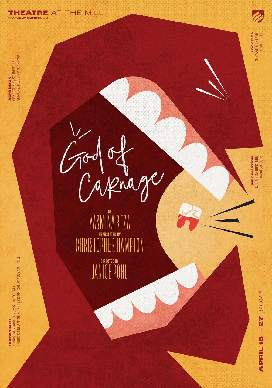 Stylized graphic poster for "God of Carnage" with abstract angular character, open mouth, and a flying tooth. Bold colors of red, white, and yellow with text detailing the play's title, creators, and runtime in April 2024.