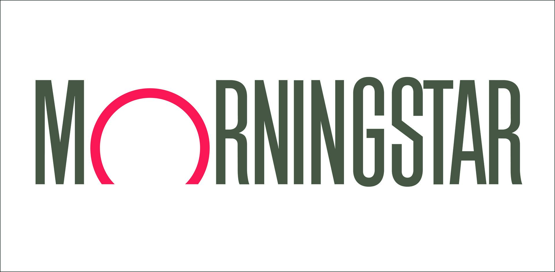 Logo with the word "Morningstar" in dark green, featuring a bold pink arc forming half of the letter "O."