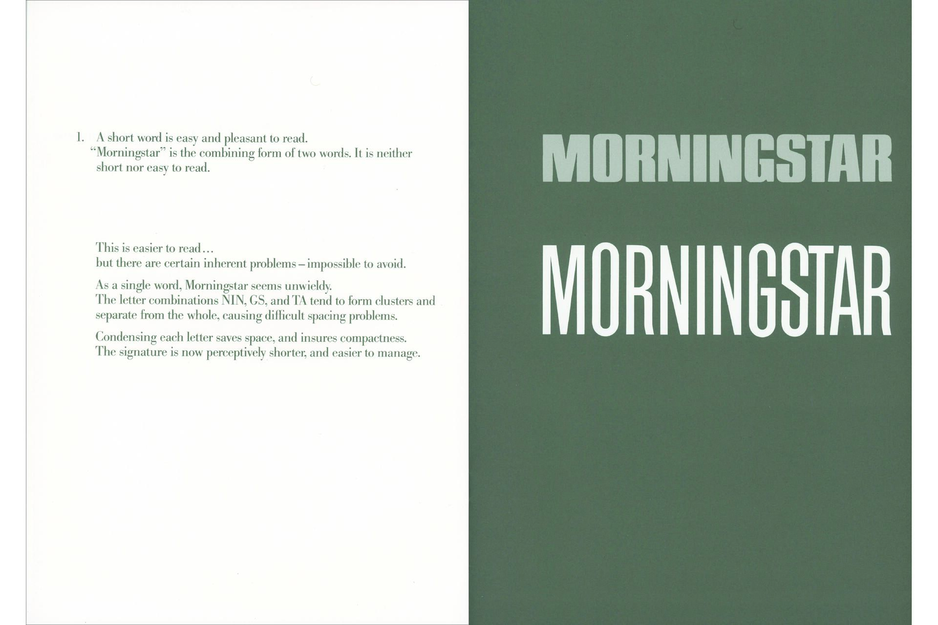 Document discussing the challenges of readability with the word "Morningstar" due to letter clusters and spacing issues. It highlights condensing letters for compactness. The right side features the word "MORNINGSTAR" in large, bold lettering on a green background.