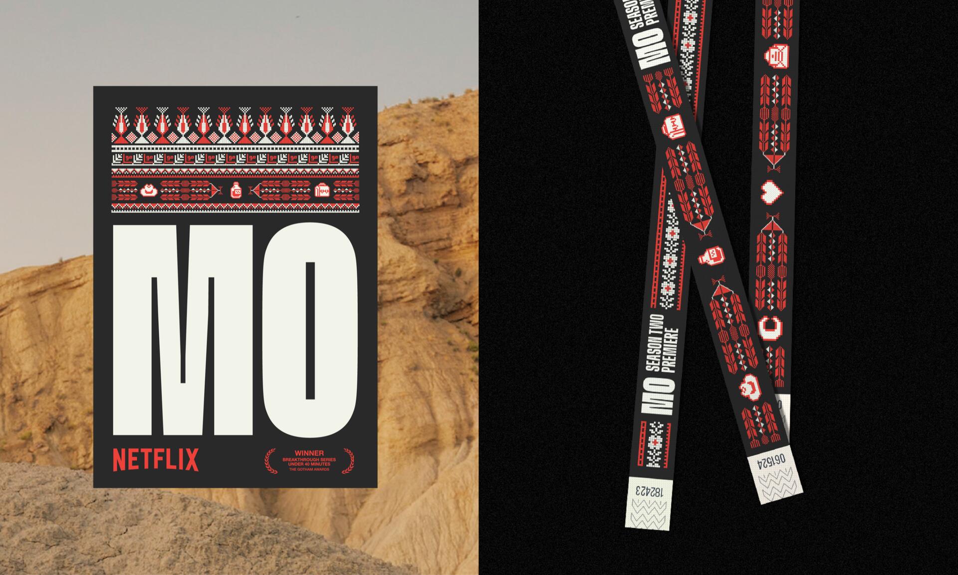 Netflix's poster for the show "Mo" with bold white letters, Arabic pattern designs in red and black, displayed against a desert backdrop. Adjacent graphic features patterned wristbands with similar motifs and text announcing "Season Two Premiere."
