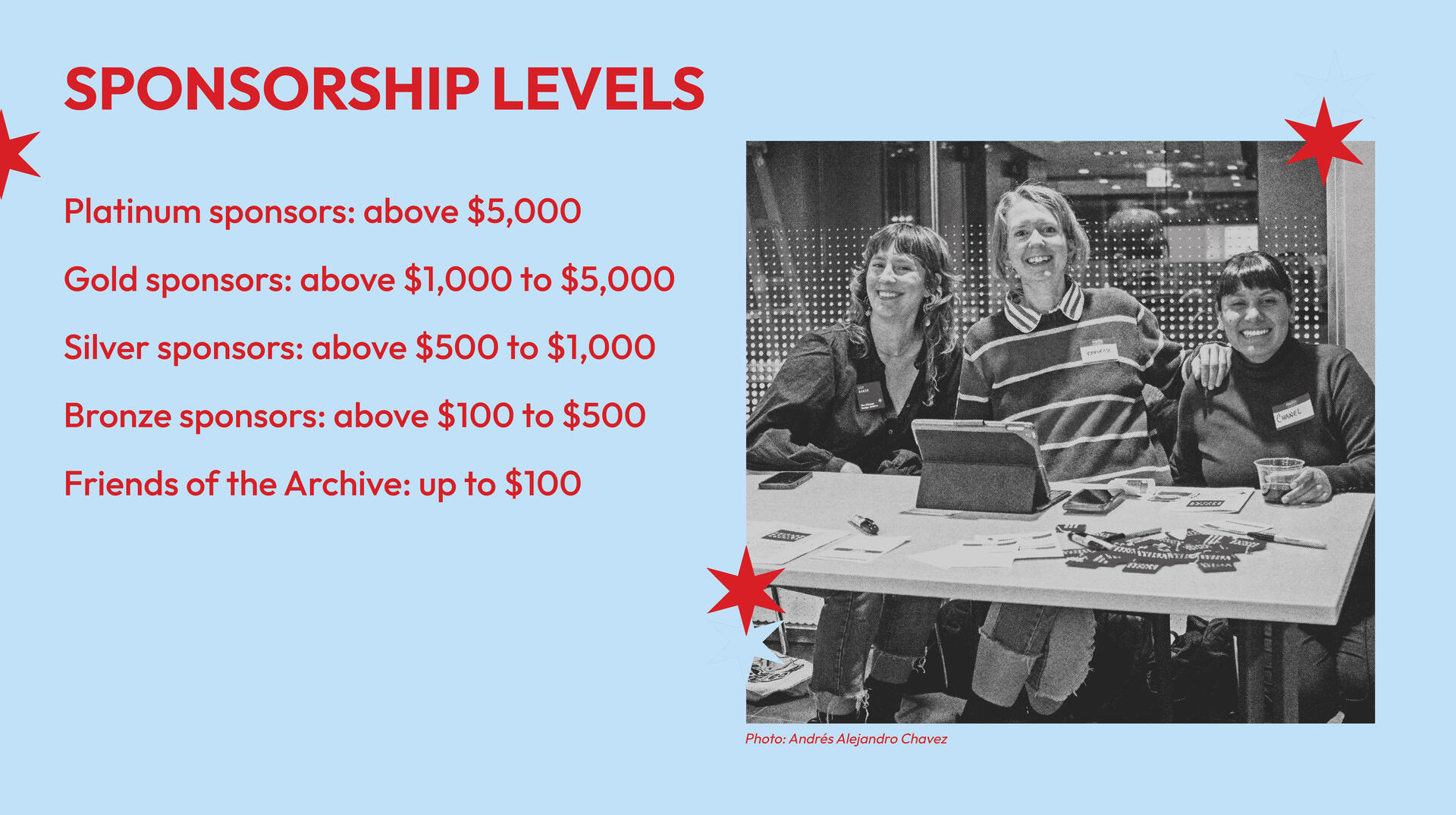 Sponsorship levels listed beside a black-and-white photo of three smiling people sitting at a table with name tags and event materials. The background is light blue with red text and star graphics.