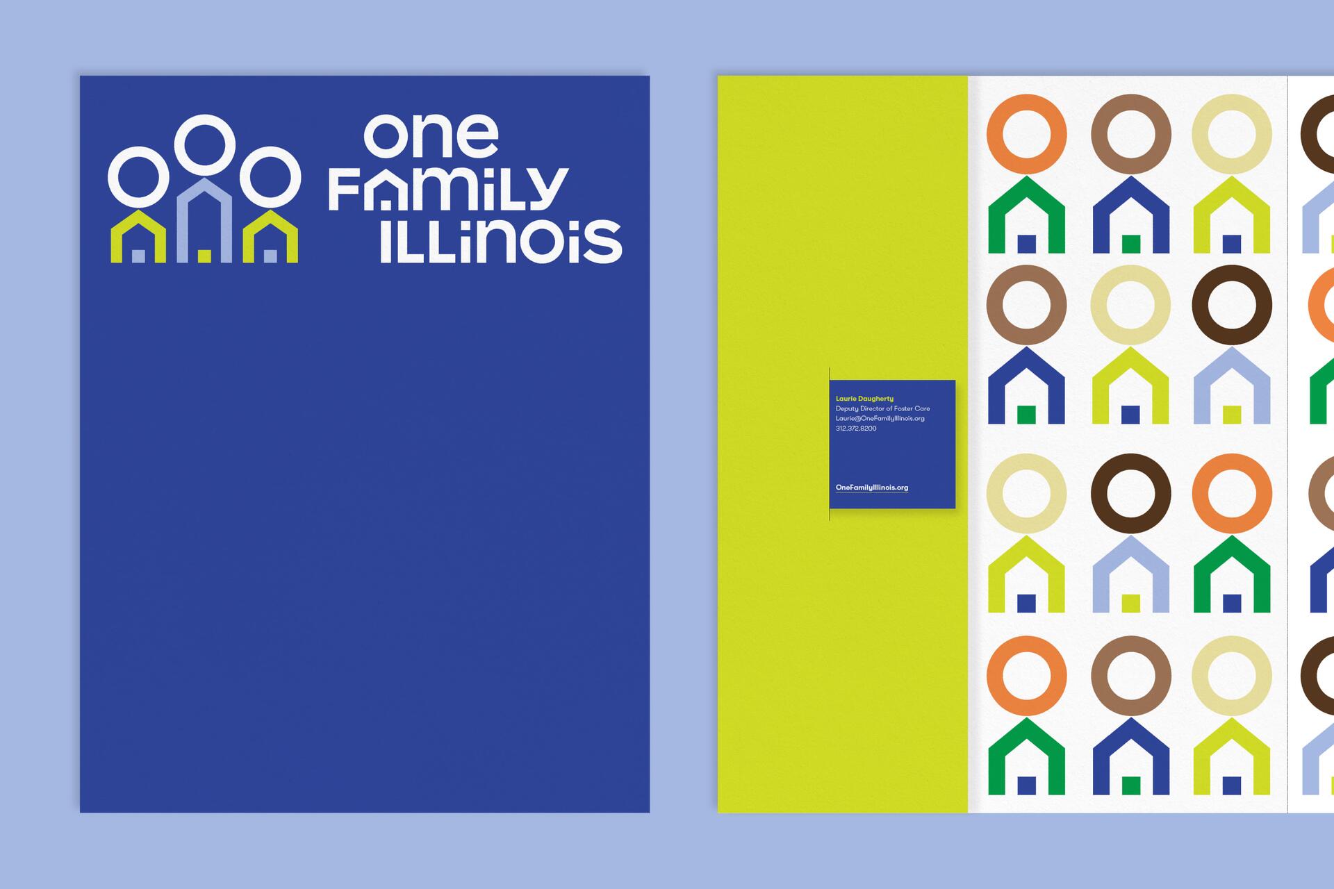 Navy blue and lime green promotional design for "One Family Illinois" featuring stylized house graphics and circles in various colors, with contact details on the lime side.