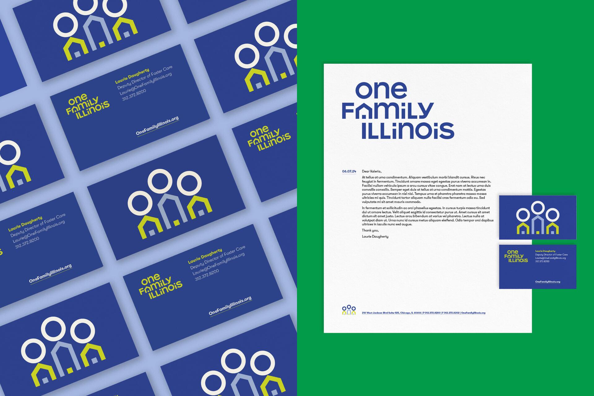 Blue business cards and a white letterhead with "one Family Illinois" logo, featuring abstract human figures and a house outline in blue and yellow. Cards display contact info for Laurie Dougherty, Deputy Director of Foster Care. Set against a green background.