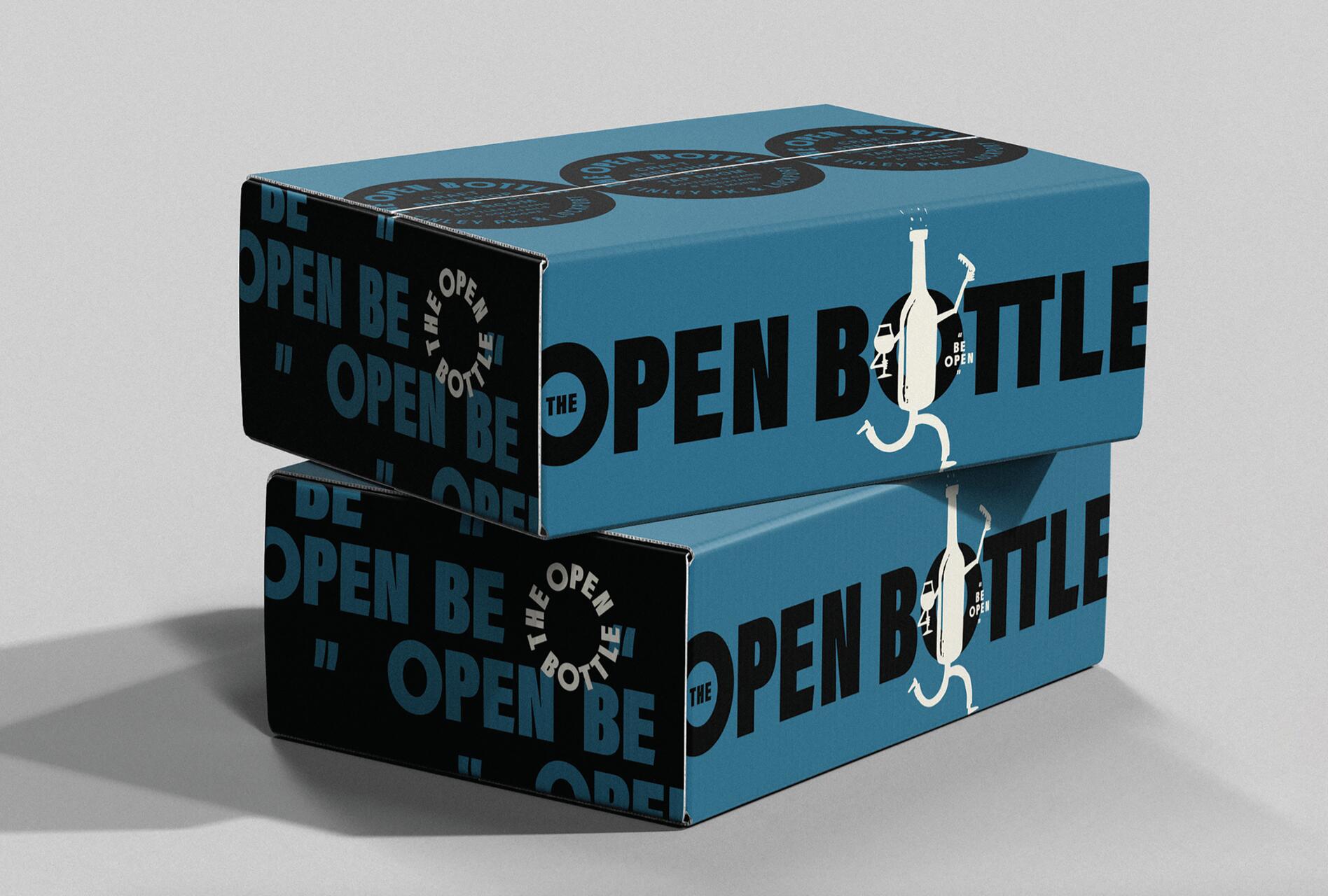 25B-05c_The Open Bottle Visual Identity: Two blue boxes stacked, featuring bold black text "The Open Bottle" and symbol of a bottle with legs_Jack Muldowney